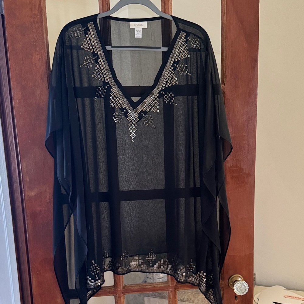 Chico's Black Sheer Blouse with Metallic Details